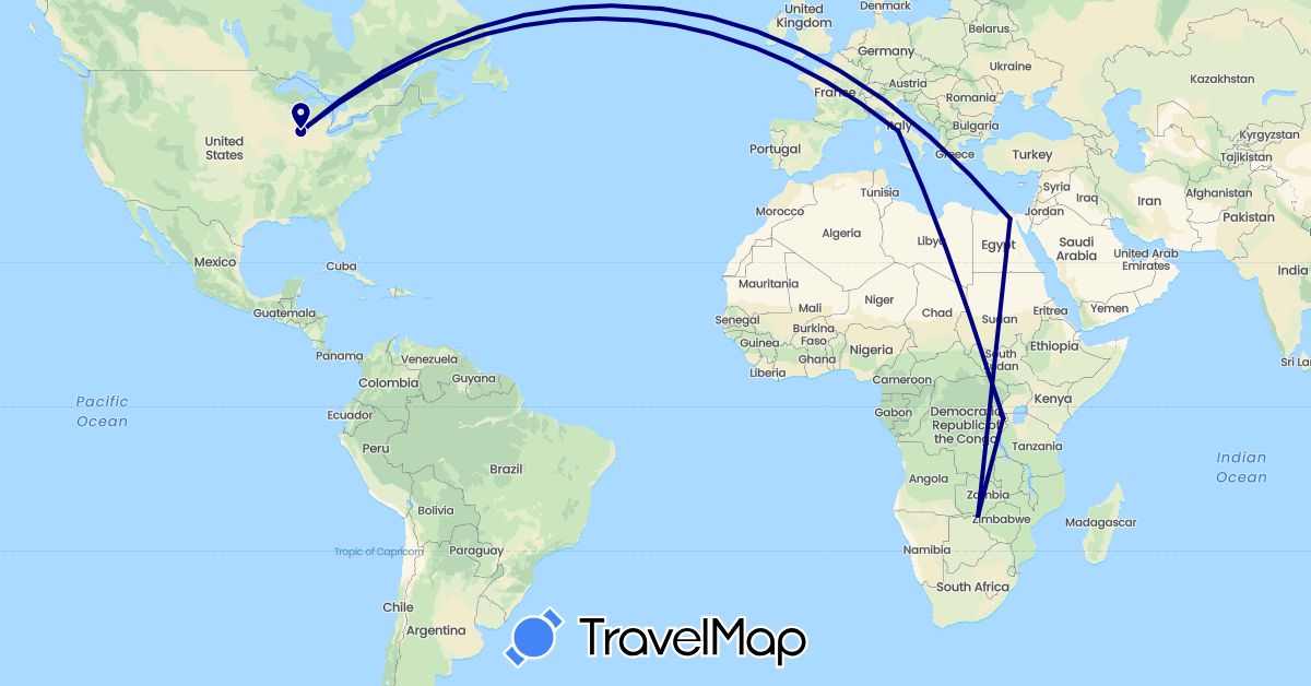 TravelMap itinerary: driving in Egypt, Italy, Rwanda, Uganda, United States, Zimbabwe (Africa, Europe, North America)